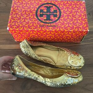 Tory Burch Gold Sequin Reva Flats Shoes, size 9